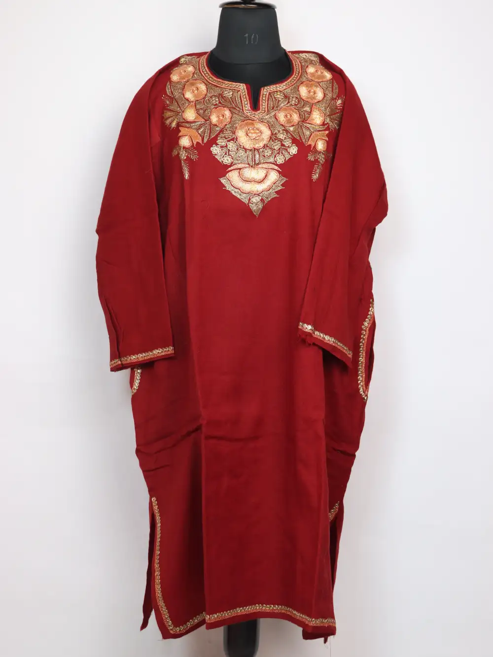 Chilly Red Botte Tilla Embroidery Pheran Rehan in Raffal Wool