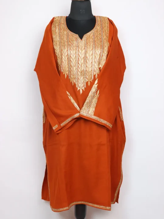 Ababeel Rustic Orange Raffal Wool Pheran with Botte Tilla Work