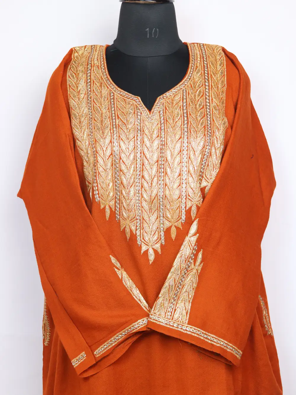 Ababeel Rustic Orange Raffal Wool Pheran with Botte Tilla Work - Image 2