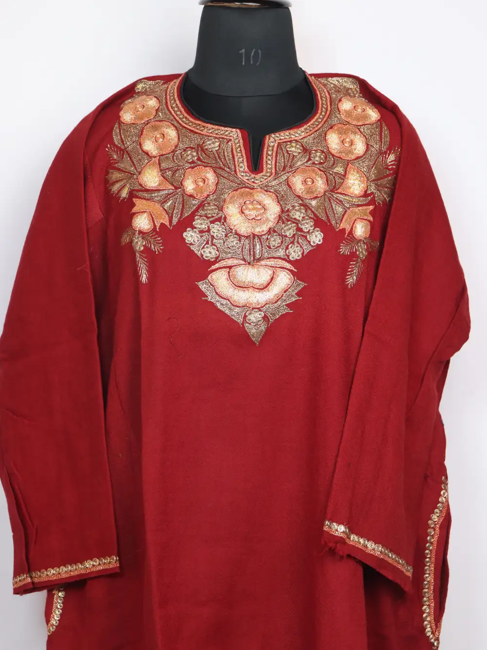 Chilly Red Botte Tilla Embroidery Loose Pheran Saleeb in Raffal Wool - Image 2
