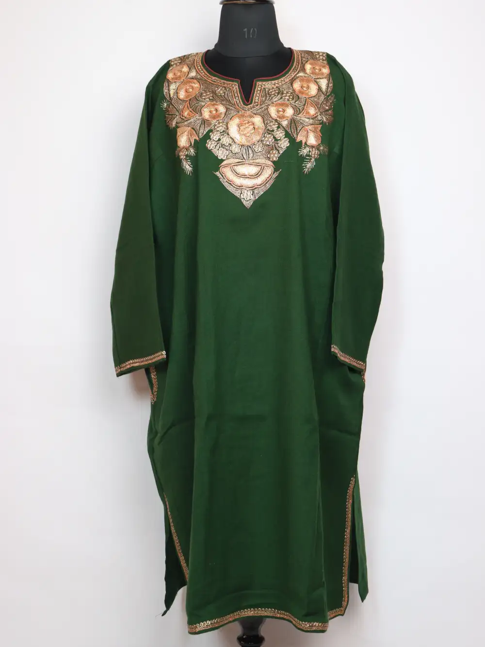 Green Loose Pheran Sabeel in Raffal Wool with Botte Tilla Embroidery