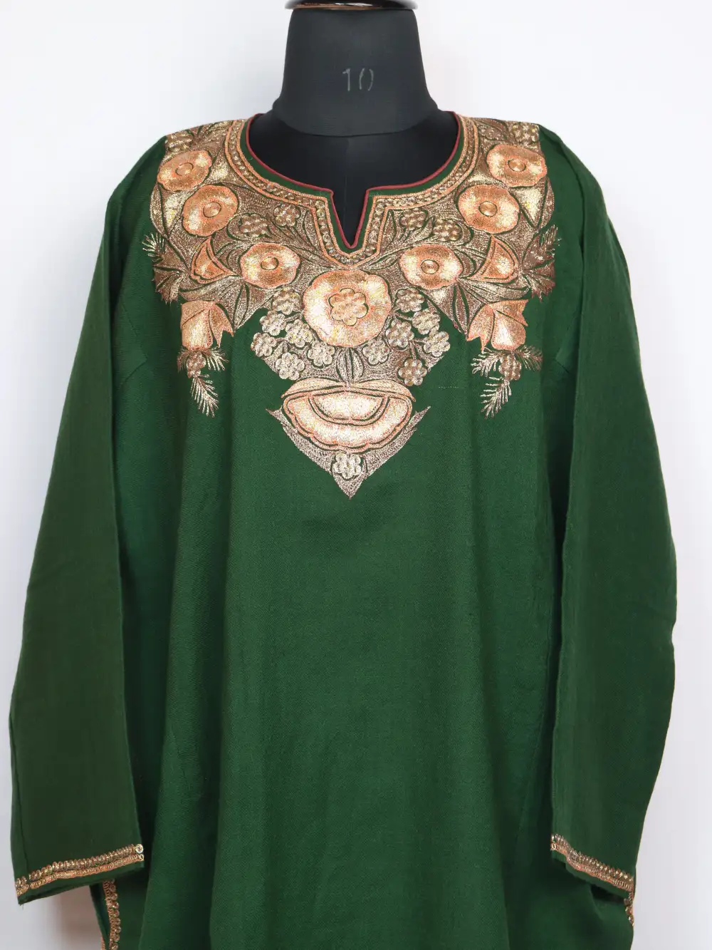 Green Loose Pheran Sabeel in Raffal Wool with Botte Tilla Embroidery - Image 2