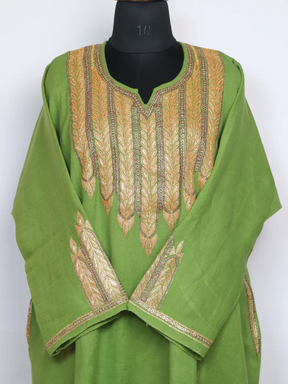Rabea Green Pheran in Raffal Wool with Botte Tilla Work - Image 2