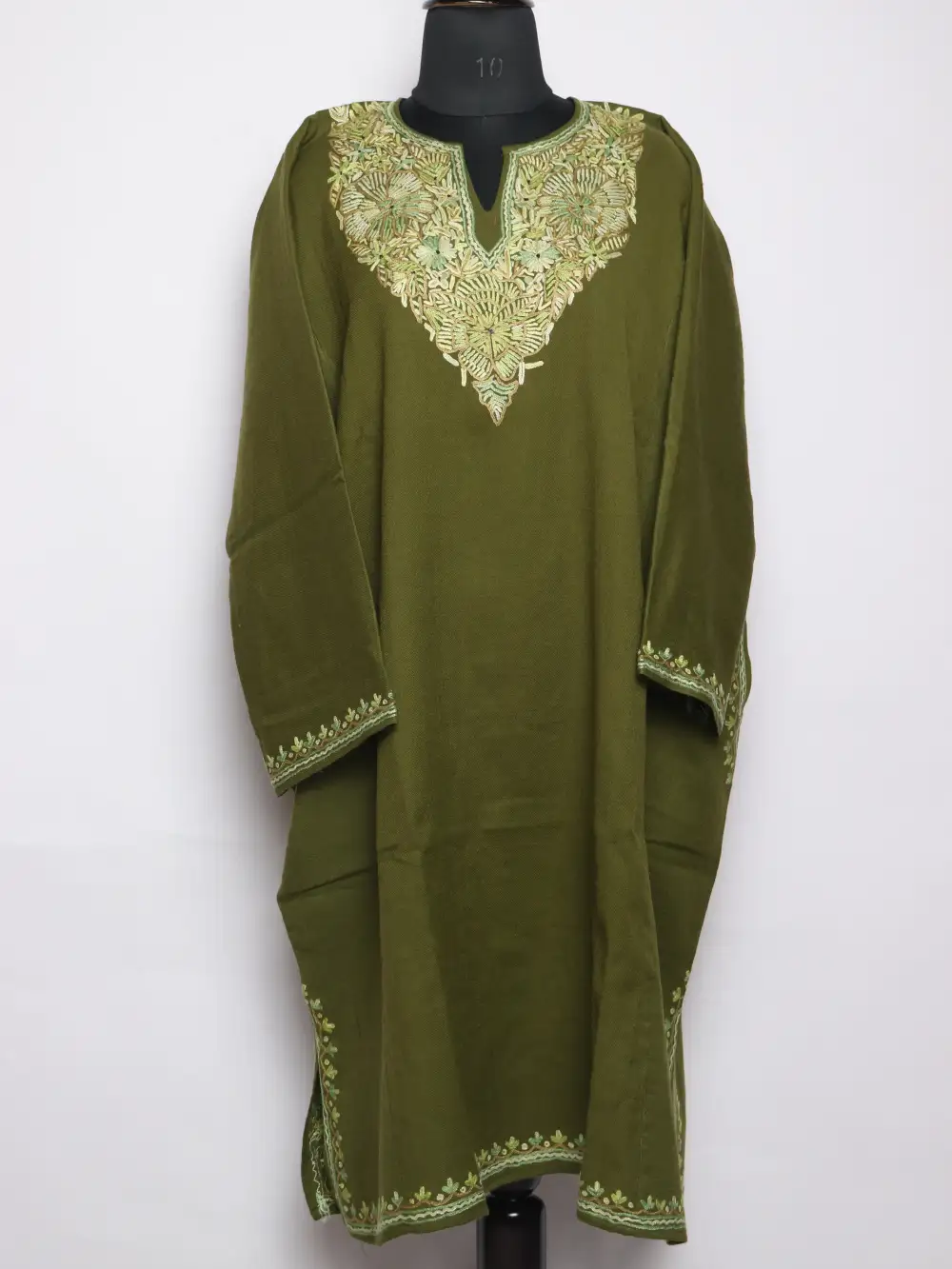 Kashmiri Hand Aari Work and Paper Machie Sama Pheran in Mehndi Green Raffal Wool