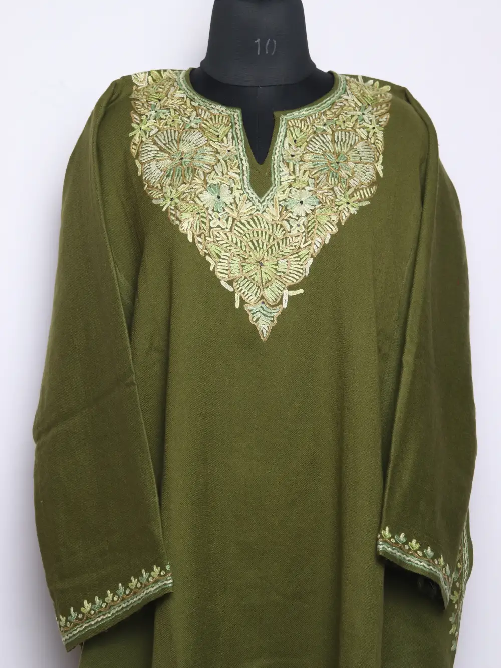 Kashmiri Hand Aari Work and Paper Machie Sama Loose Pheran in Green Raffal Wool - Image 2