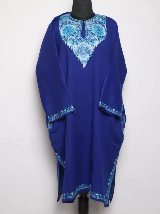 Kashmiri Blue Raffal Wool Pheran with Hand Aari Work and Paper Machie Sama
