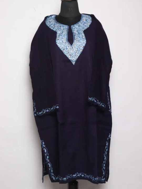 Hand Aari Work Indigo Pheran with Maryam Blue Raffal Wool