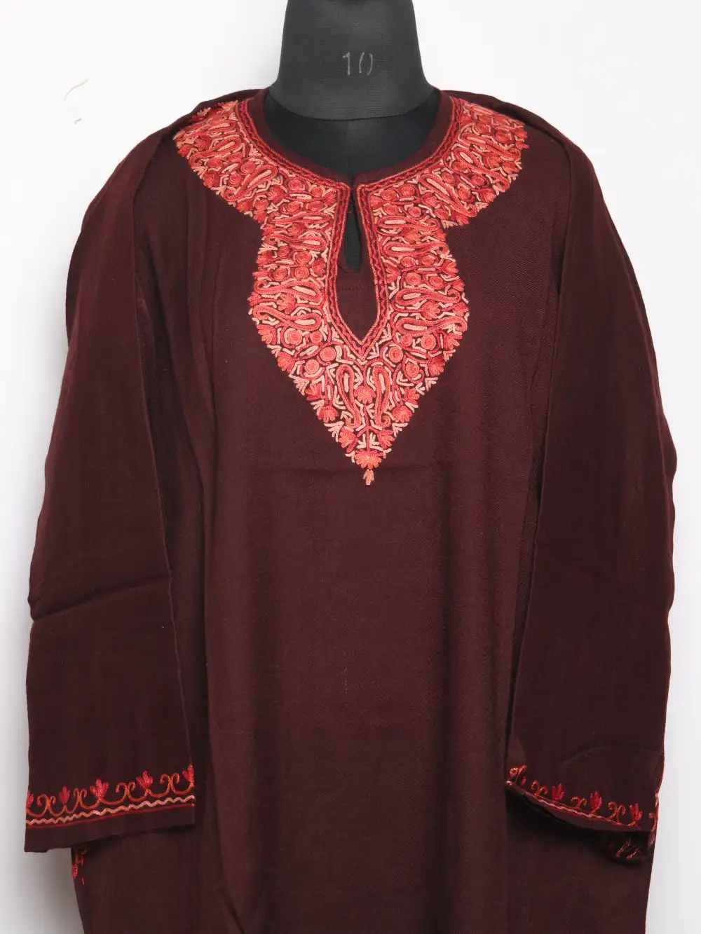 Maryam Hand Aari Raizkaar Work Wine Pheran with Raffal Wool - Image 2