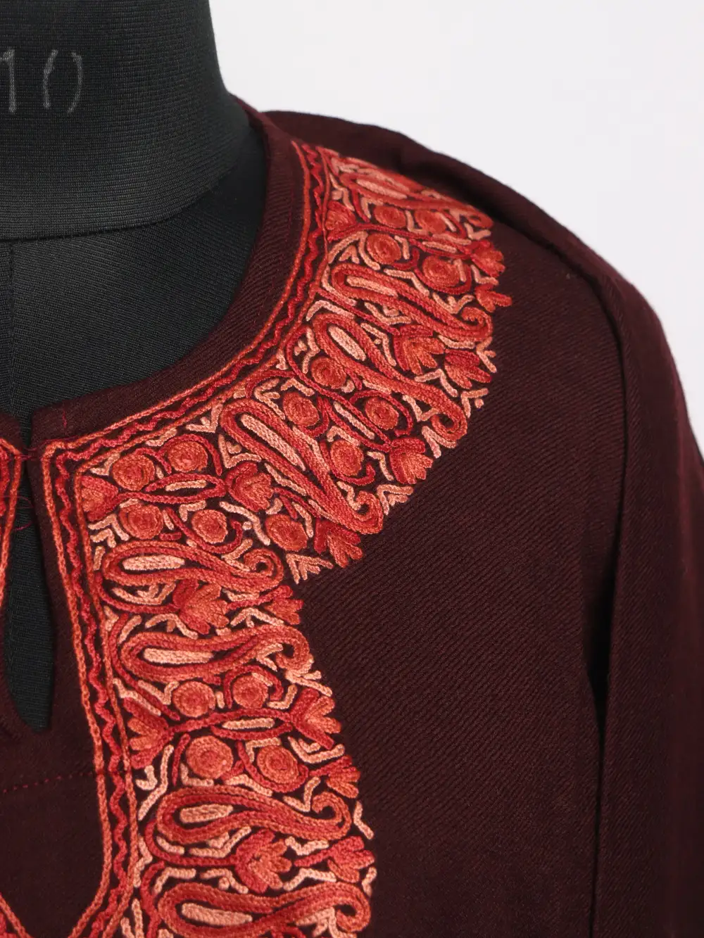 Maryam Hand Aari Raizkaar Work Wine Pheran with Raffal Wool - Image 3