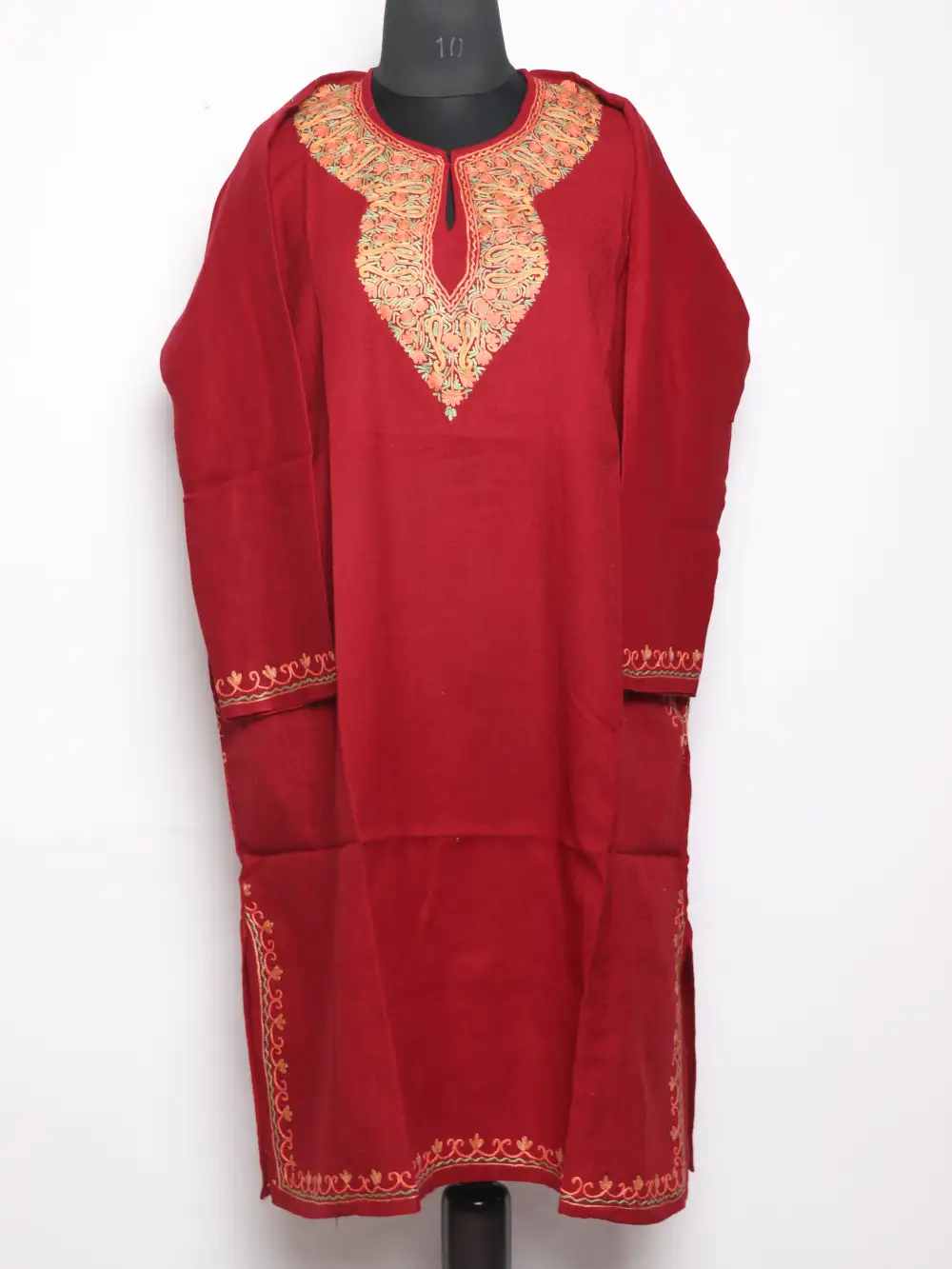 Maroon Raffal Marya Woolen Pheran with Hand Aari Work