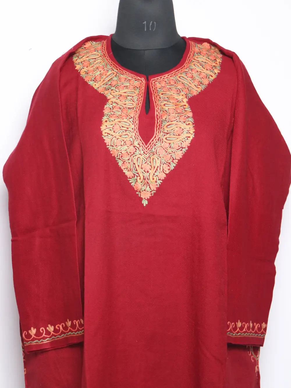 Maroon Raffal Wool Pheran Maryam Raizkaar with Hand Aari Work - Image 2