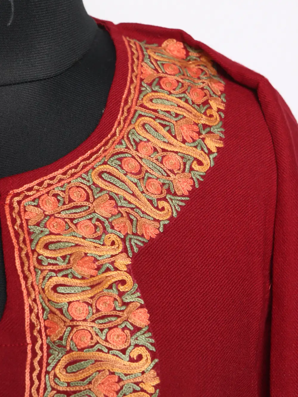Maroon Raffal Wool Pheran Maryam Raizkaar with Hand Aari Work - Image 3