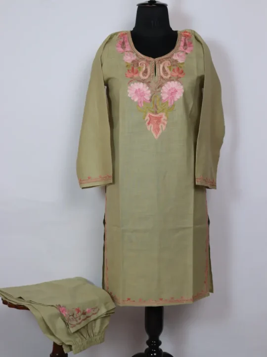 Green Kiran Cotton Kurta Set with Aari Embroidery