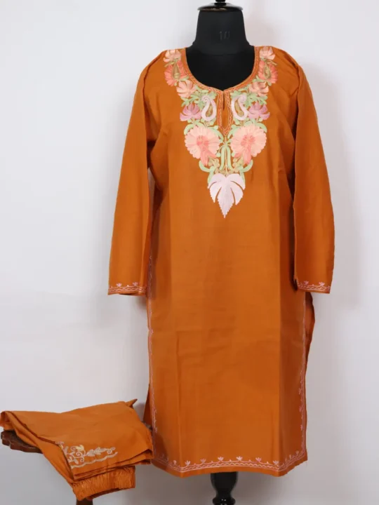 Roshan Cotton Mustard Kurta Set with Aari Embroidery