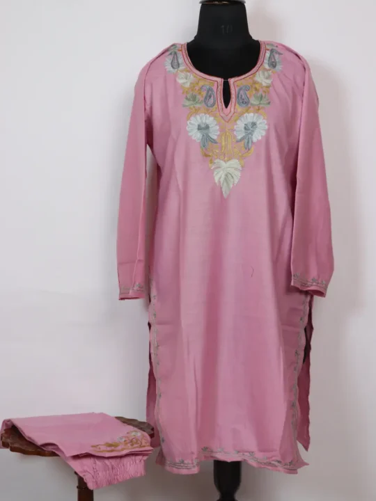 Aari Embroidery Cotton Nazneen Pink Kurta Set