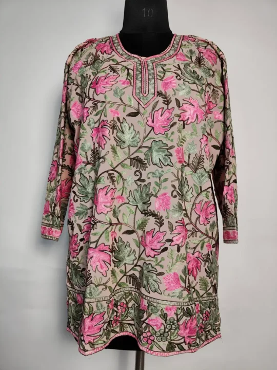 Georgette Mahnoor Pink Short Kurti with Front Back Aari Embroidery