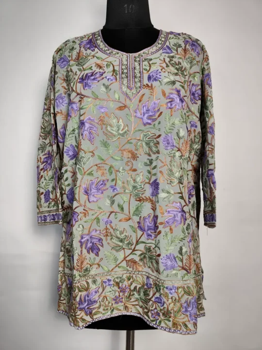 Grey Front Back Aari Work Georgette Short Kurti Gulnaz