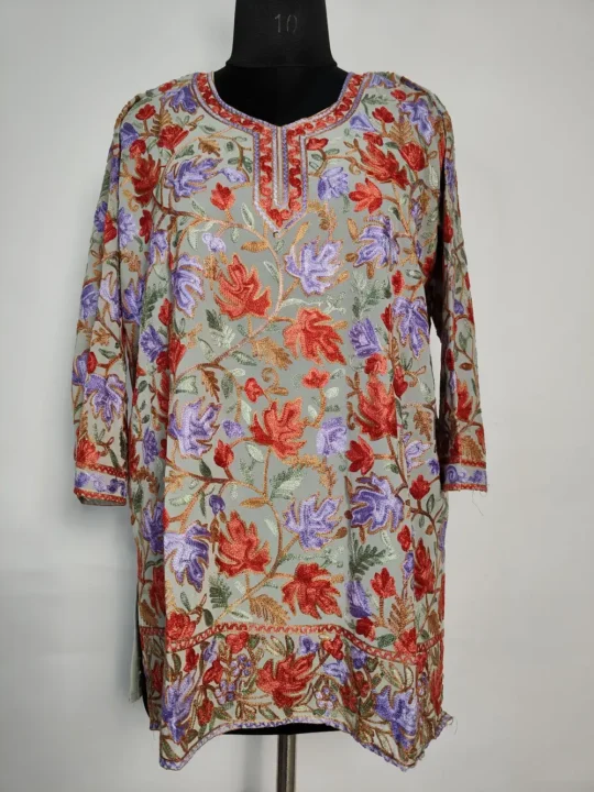 Jabeen Grey Short Kurti in Georgette with Front Back Aari Work