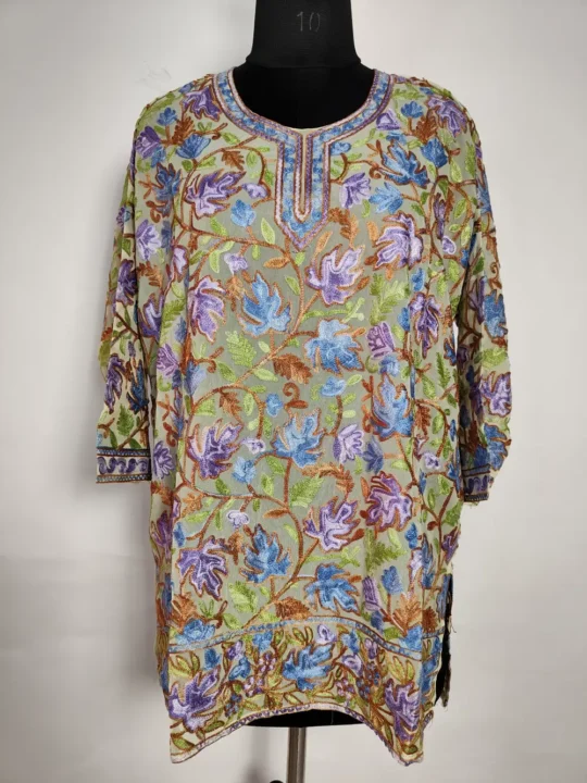 Green Georgette Short Kurti Afsheen with Front Back Aari Embroidery