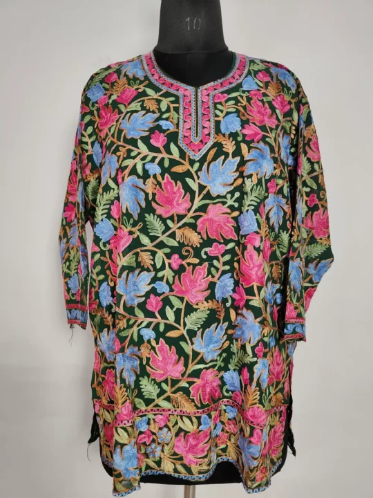 Dark Green Georgette Short Kurti Ruqaiya with Front Back Aari Work