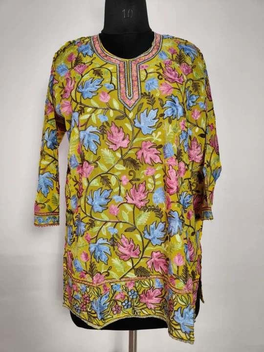 Georgette Mustard Short Kurti Inaya Chinar Front Back Aari Work