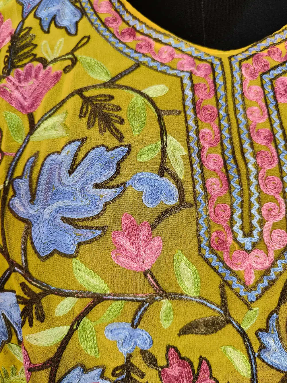 Georgette Mustard Short Kurti Inaya Chinar Front Back Aari Work - Image 2
