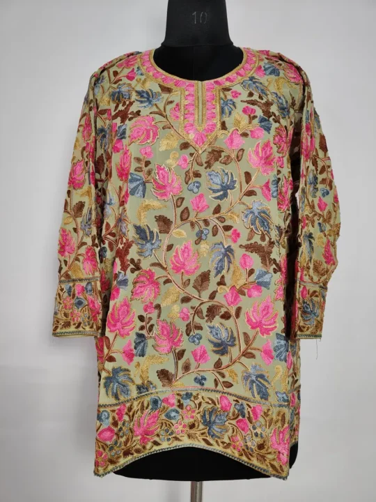 Tea Green Short Kurti Meher with Chinar Front Back Aari Embroidery in Georgette