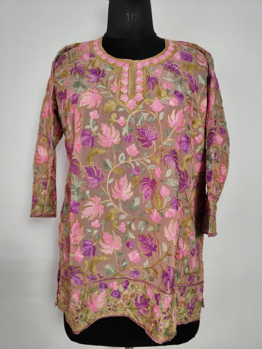 Georgette Pink Short Kurti Zareen with Chinar Front Back Aari Work