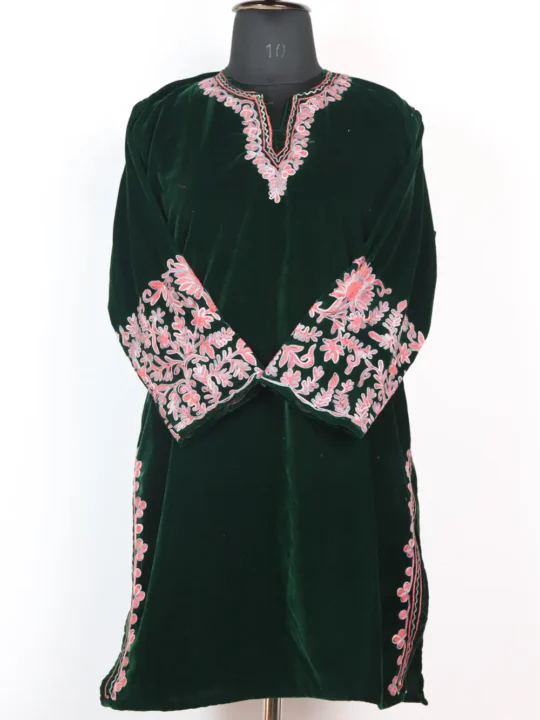 White Velvet Sleeve Aari Embroidery Short Kurti