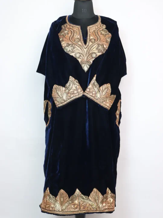 Designer Velvet Noor Blue Pheran with Bottle Tilla Work
