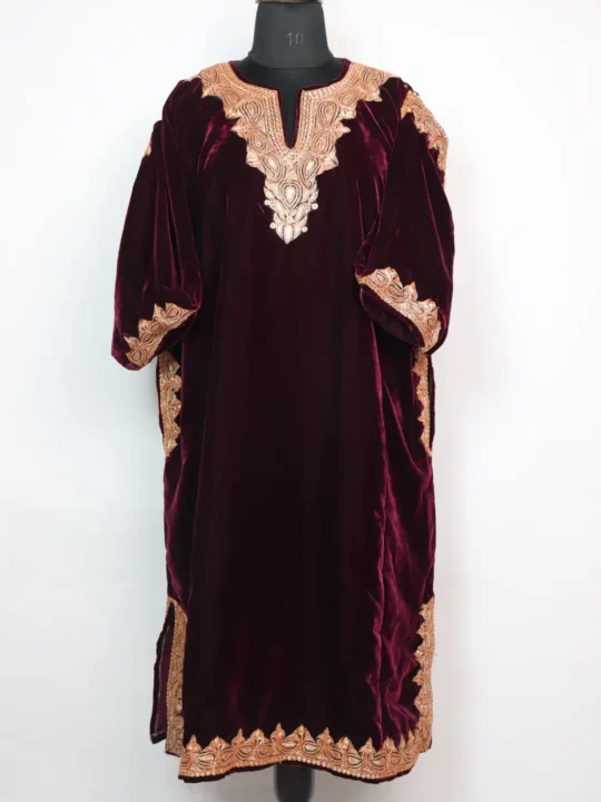 Luxurious Velvet Qoraab Wine Pheran with Bottle Tilla Work