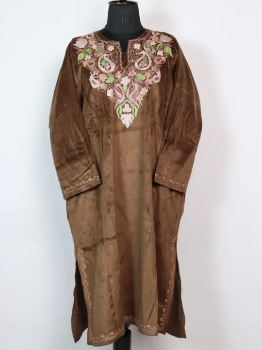Brown Loose Pheran in Velvet with Aari Work