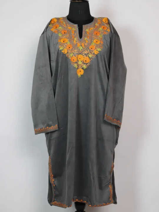 Dark Grey Pheran in Velvet with Aari Work