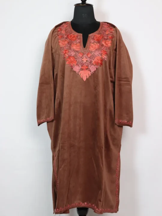 Aari Work Brown Pheran in Velvet