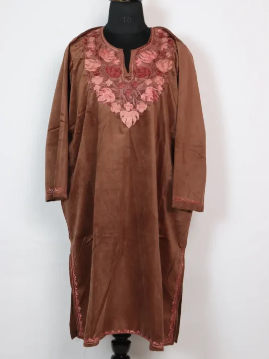 Brown Naaz Kashmiri Aari Work Pheran in Velvet