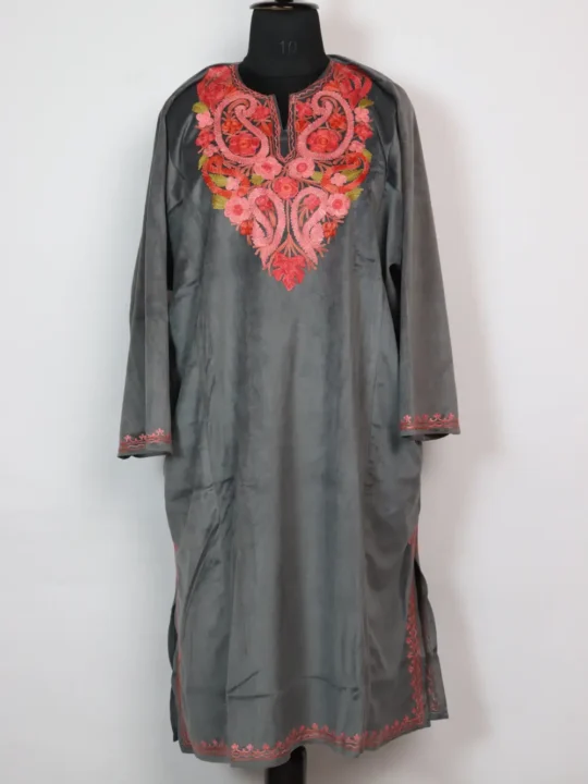 Noor Dark Grey Kashmiri Aari Work Loose Pheran in Velvet