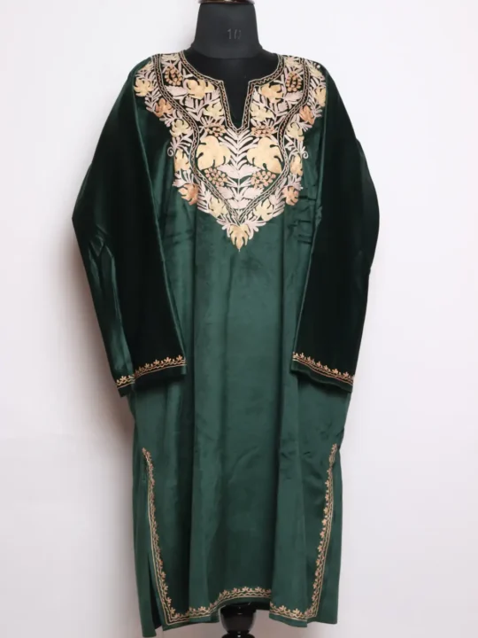 Velvet Aari Work Nazakat Pheran in Dark Green