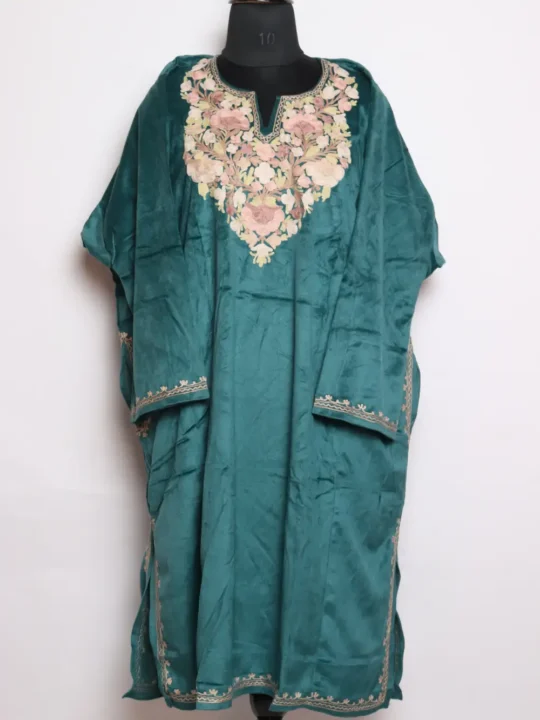 Husn Sea Green Velvet Pheran with Aari Work