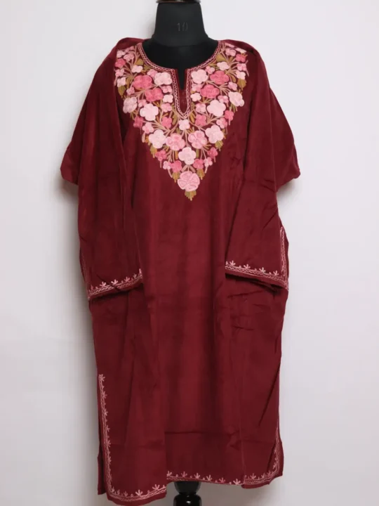 Zoon Boab Pink Pheran in Velvet with Aari Embroidery
