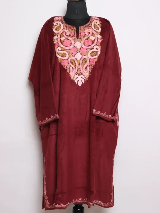 Velvet Aari Work Mahira Pheran in Maroon