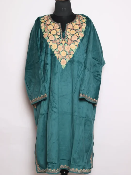 Velvet Aari Work Roshni Pheran in Sea Green