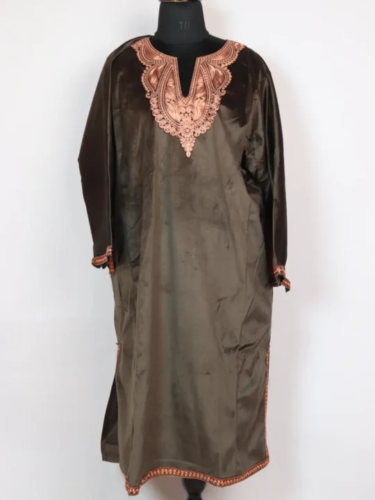 Meher Dark Brown Velvet Pheran in Zari Tilla Work