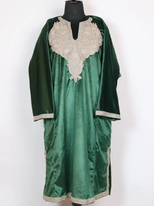 Dark Green Naaz Pheran in Velvet with Zari Tilla Embroidery