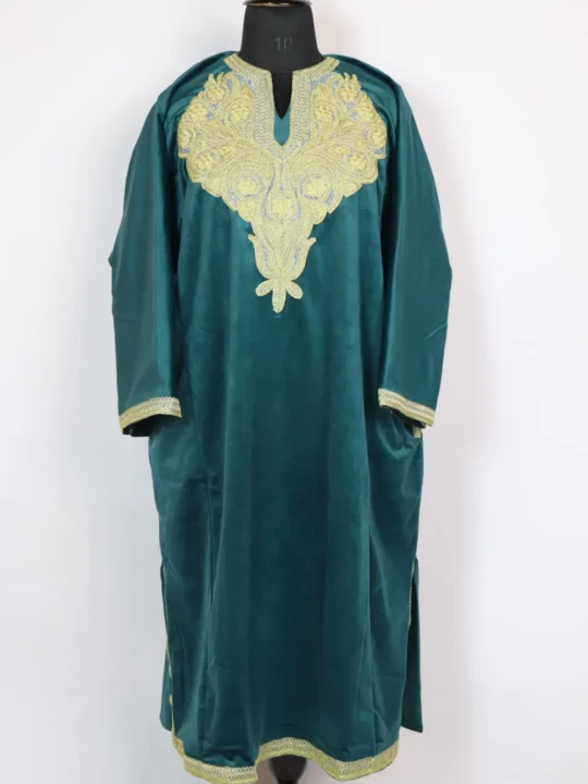 Hoorain Green Pheran in Velvet with Zari Tilla Embroidery