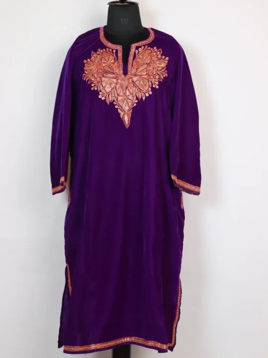 Shafaq Purple Pheran in Velvet with Aari Work