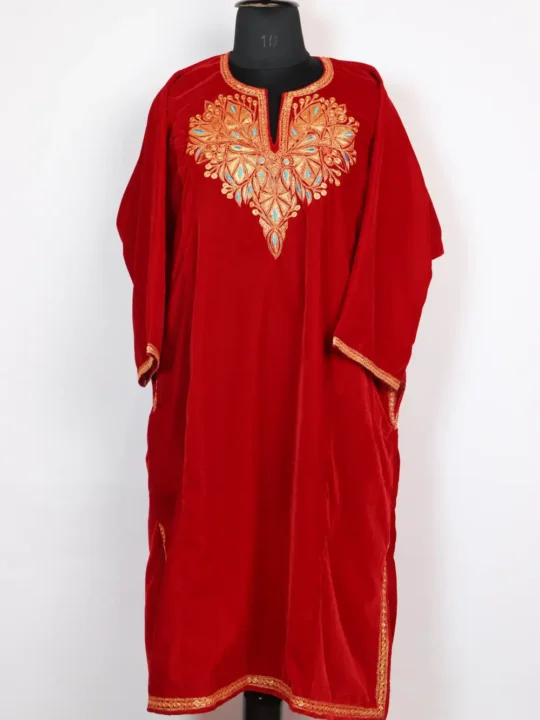Red Velvet Pari Pheran with Aari Embroidery