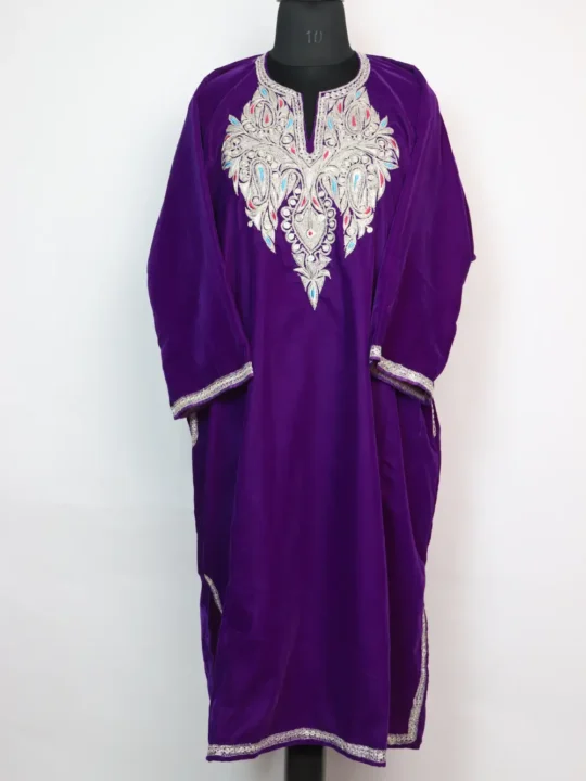 Velvet Purple Loose Shafaq Pheran with Bottle Tilla Embroidery