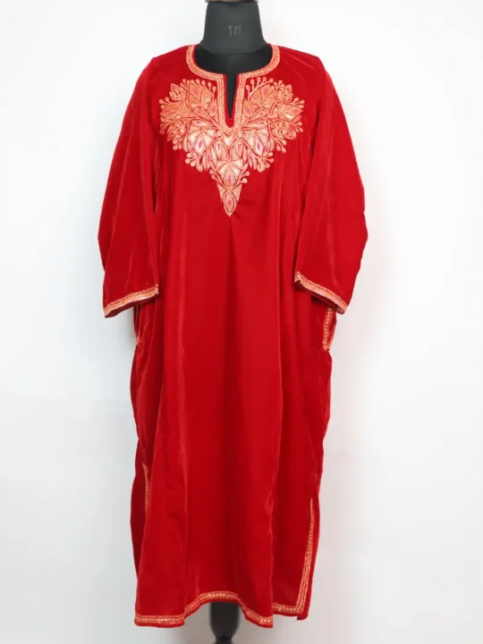 Red Velvet Shafaq Pheran with Bottle Tilla Embroidery