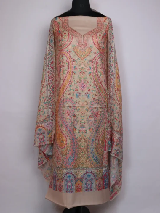 Cream Kashmiri Kalamkari Suit Material With Dupatta
