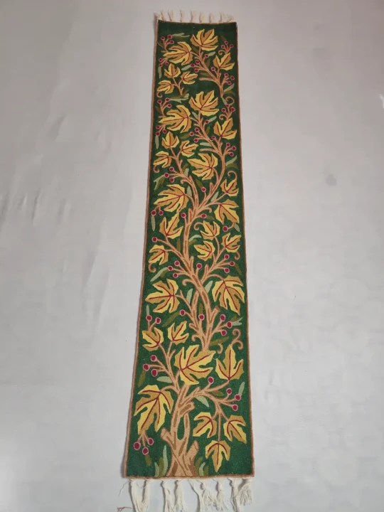 Green Wool Chain Stitch Embroidery Kashmiri Runner